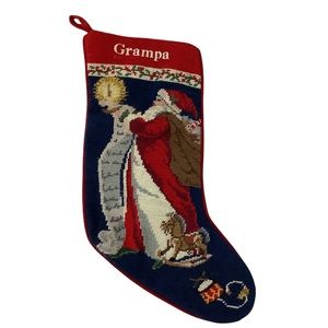 Lands' End Needlepoint Christmas Stocking Monogrammed Grampa Santa with List